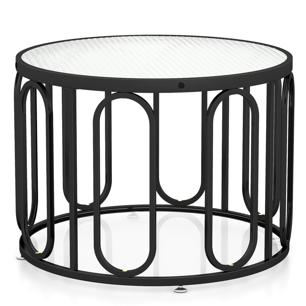 Round coffee table with reeded tempered glass top and black oval swivel brackets, ideal for stylish living room storage.