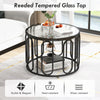 Detail view of the reeded tempered glass top on a 24-inch round coffee table, highlighting its textured design and.