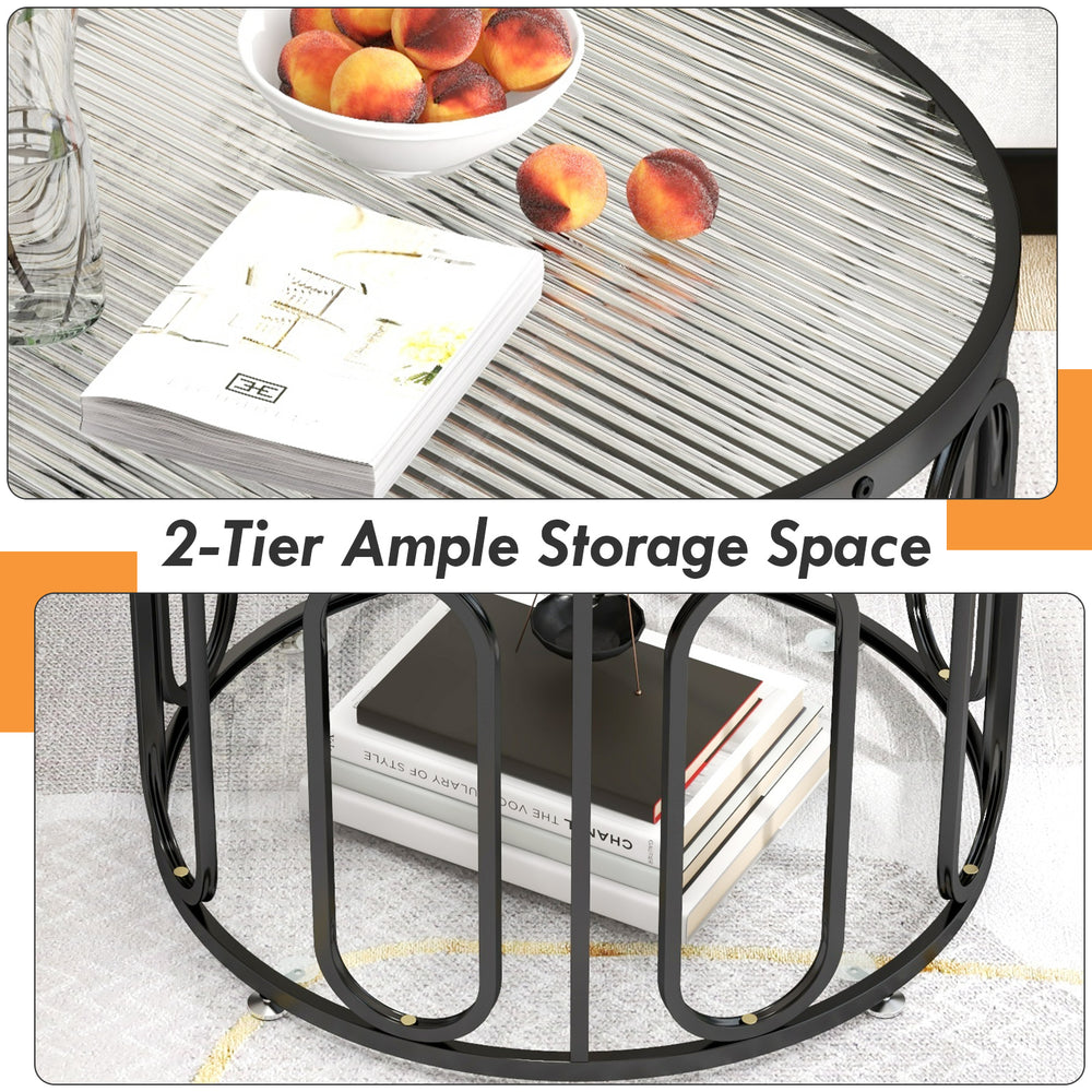 24-inch round coffee table with reeded tempered glass top, featuring 2-tier storage and black oval swivel brackets.