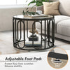 24-inch round coffee table with reeded tempered glass top, black oval swivel brackets, and adjustable foot pads for.