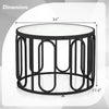 Round coffee table with reeded tempered glass top, black metal frame, and 360° swivel brackets for stylish living room.