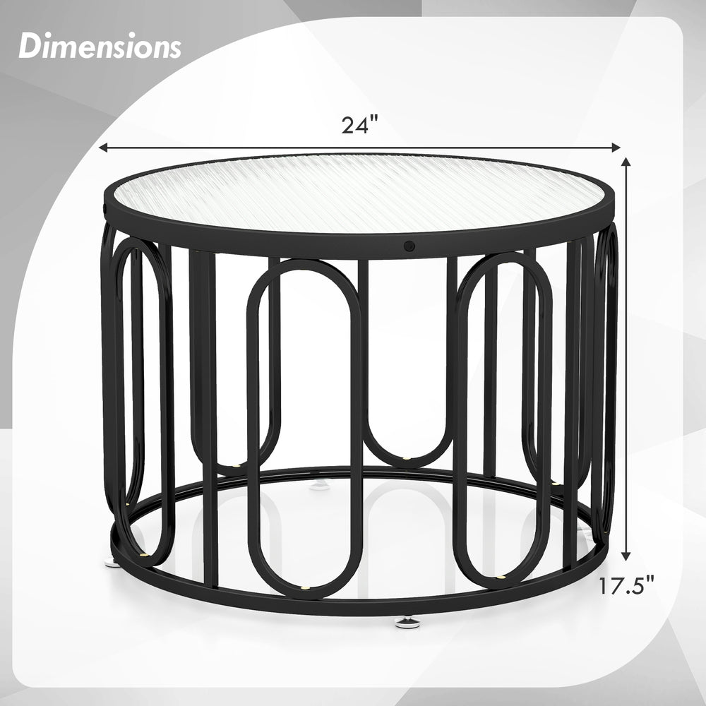 Round coffee table with reeded tempered glass top, black metal frame, and 360° swivel brackets for stylish living room.