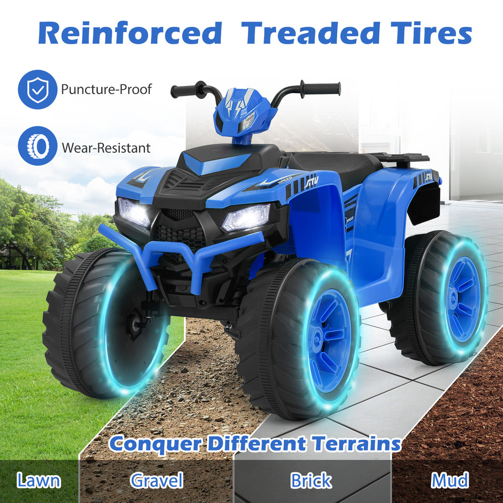 Blue 24V kids ride-on electric ATV with reinforced treaded tires, designed for various terrains like lawn, gravel, and.