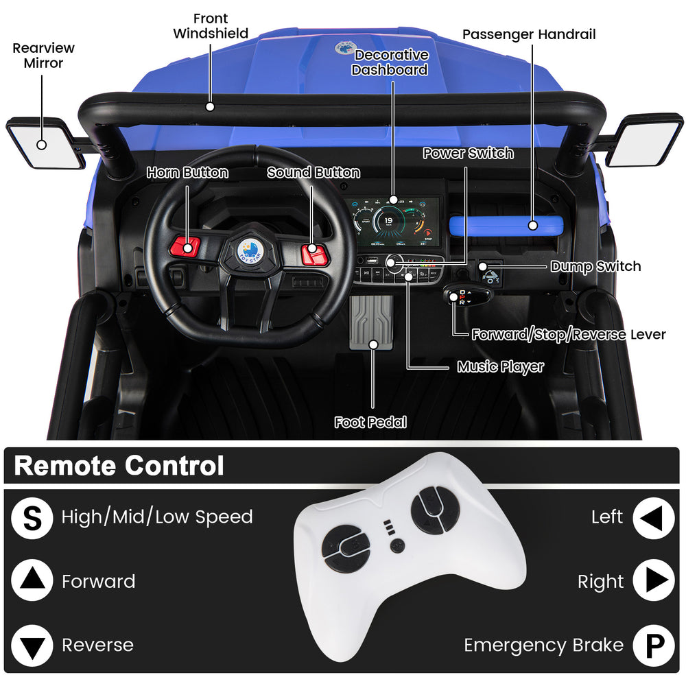 Interior view of the 24V Ride On Kids Car showing dashboard controls, steering wheel, and remote control features for.