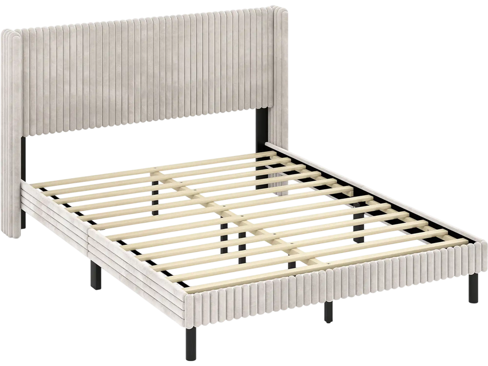 Queen size velvet bed frame with vertical channel tufted wingback headboard in white, perfect for modern bedroom decor.