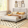 Queen size velvet bed frame with vertical channel tufted wingback headboard in white, featuring plush upholstery and.