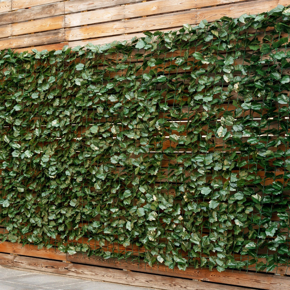 Faux ivy leaf decorative privacy fence with realistic green leaves, 40 x 95 inches, ideal for indoor and outdoor use.