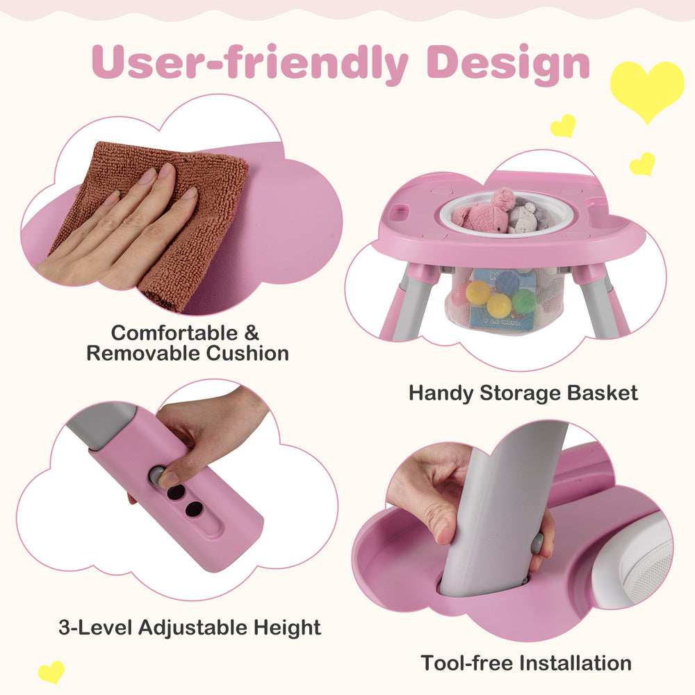 User-friendly design features of the pink 16-in-1 baby high chair, including adjustable height and handy storage basket.