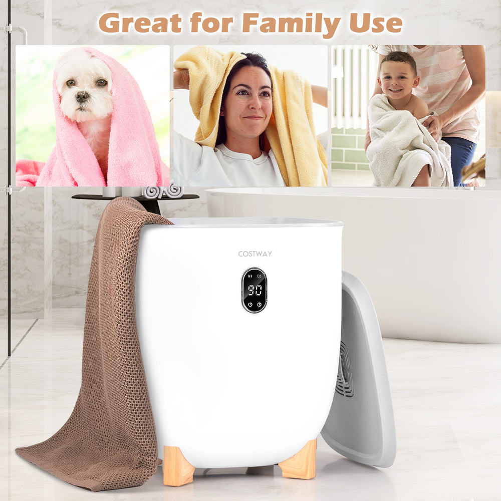 25L towel warmer bucket in white with LCD display, 2 temperature settings, and auto shut-off for family use.