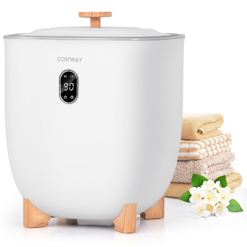 25L towel warmer bucket in white with bamboo handle, featuring LCD display and dual temperature settings for easy use.