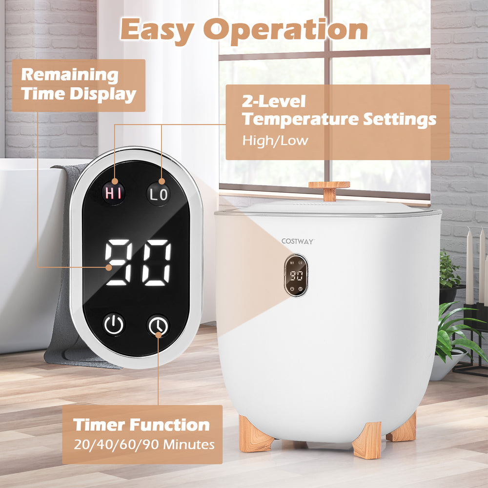 25L towel warmer bucket in white with LCD display, 2 temperature settings, and timer function for heating towels and.