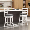 Set of 2 white swivel barstools with upholstered seats, 360° rotation, ideal for kitchen or counter height use.