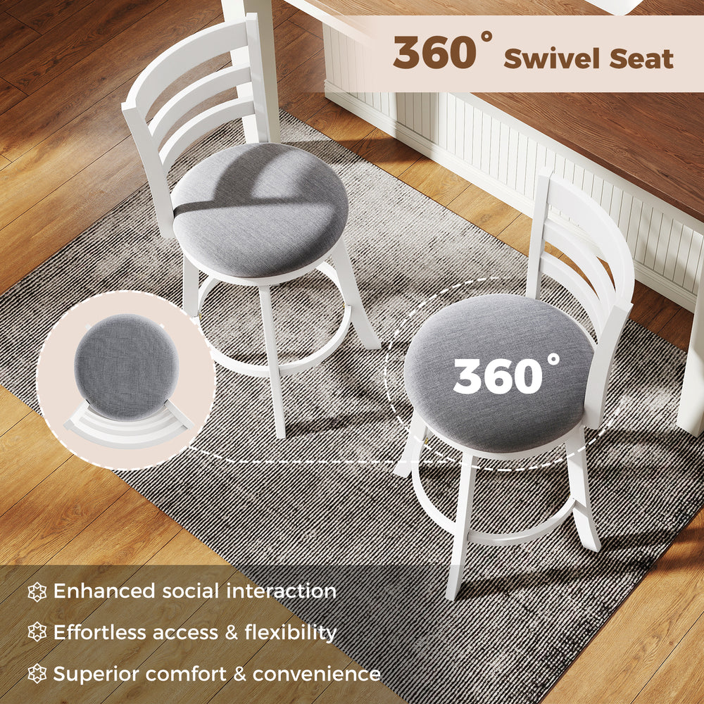 Set of 2 swivel barstools with 360° rotating seats, upholstered in breathable polyester for comfort and support.