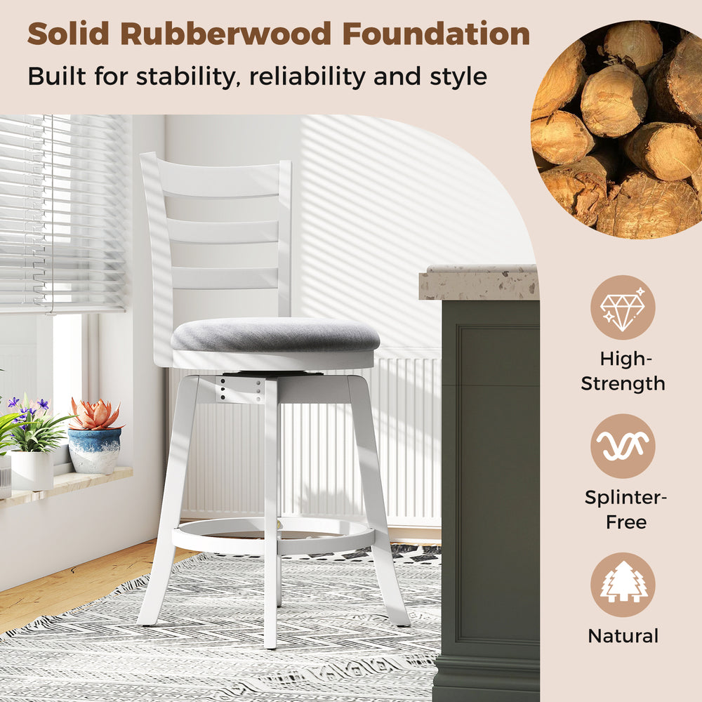 25-inch swivel barstool with upholstered seat, solid rubberwood construction, and ergonomic backrest for kitchen.