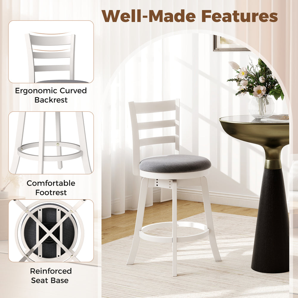 Swivel barstool with ergonomic curved backrest and upholstered seat, perfect for kitchen or counter use.