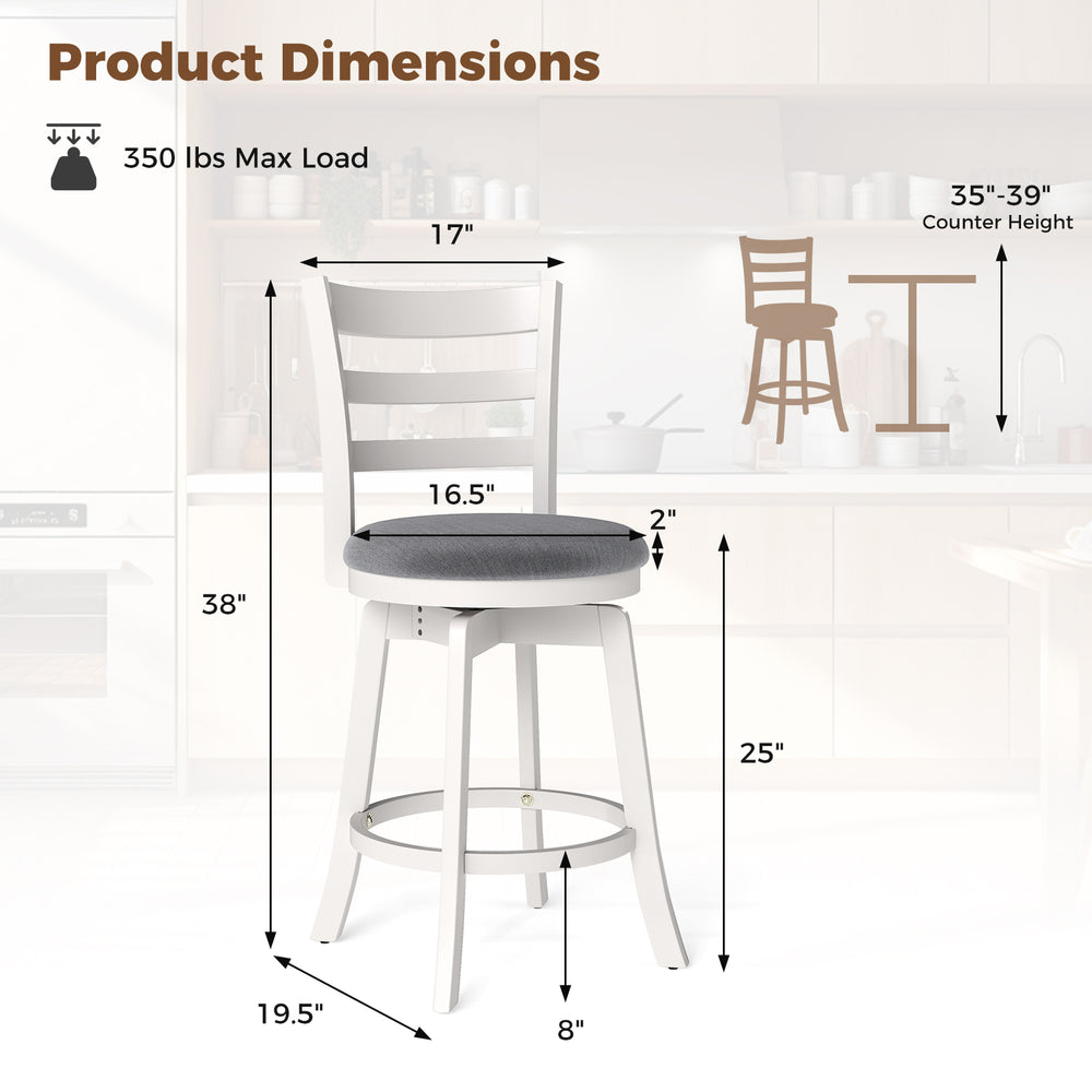 Counter height swivel barstool with upholstered seat, solid rubberwood, 350 lbs capacity, ideal for kitchen use.