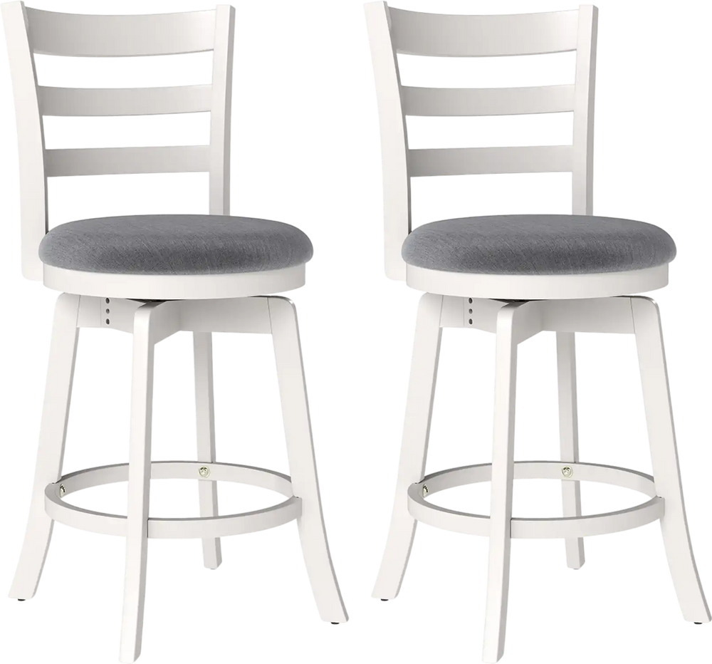 Set of 2 swivel barstools with upholstered seats, solid rubberwood, and ergonomic backrest for kitchen or bar use.