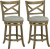 Set of 2 swivel bar stools with wood frame, curved backrest, and thick linen cushions for comfortable seating.