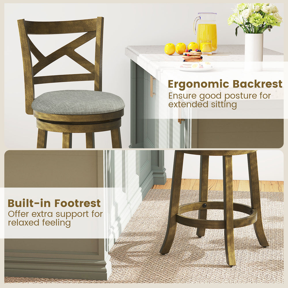 Swivel bar stool with ergonomic backrest and built-in footrest, featuring a sturdy wood frame for comfort and support.