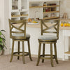 Set of 2 25-inch swivel bar stools with curved backrests, wood frame, and thick cushioned seats for kitchen comfort.