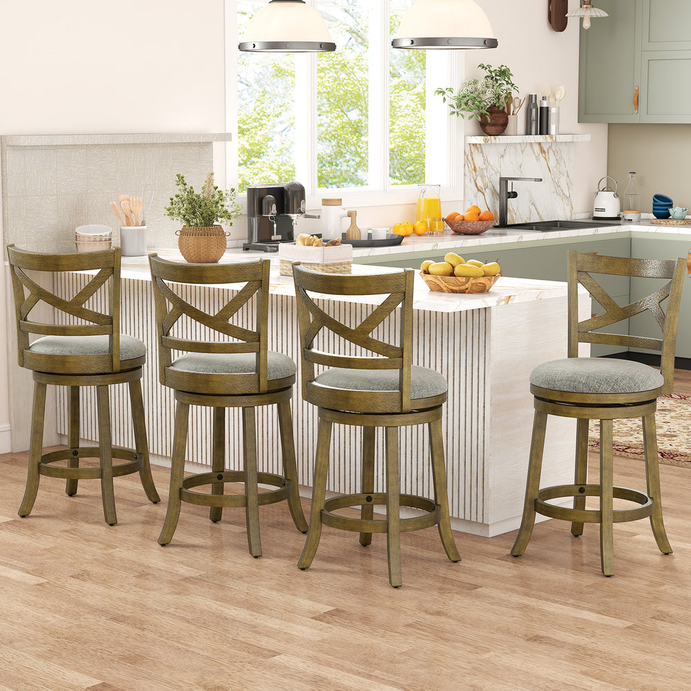 Set of two 25-inch swivel bar stools with backrests, wood frame, and cushioned seats for comfortable seating.