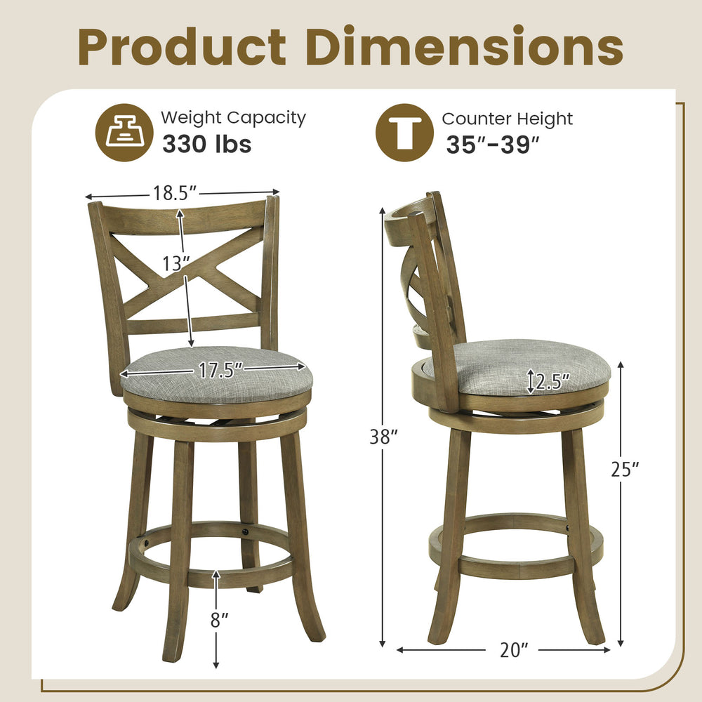 Counter height swivel bar stools with backrests, wood frame, and thick cushion for comfort, ideal for kitchen or dining.