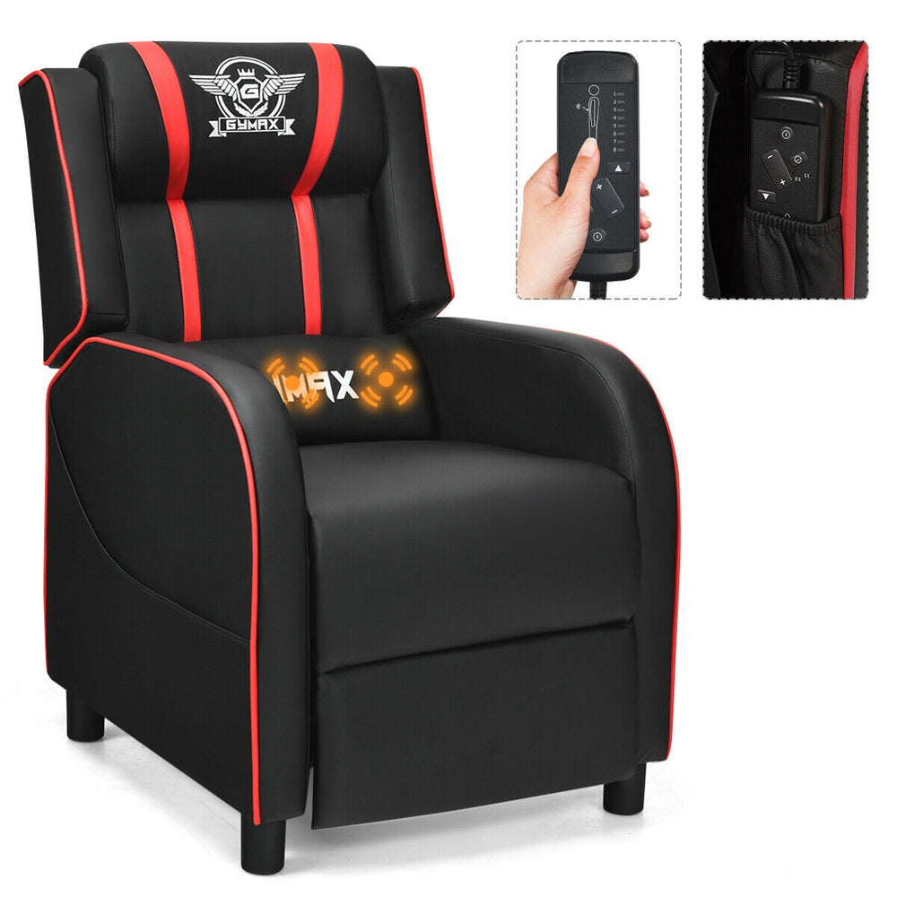 Massage Racing Gaming Single Recliner Chair in red with adjustable backrest, lumbar pillow, and extending footrest for.