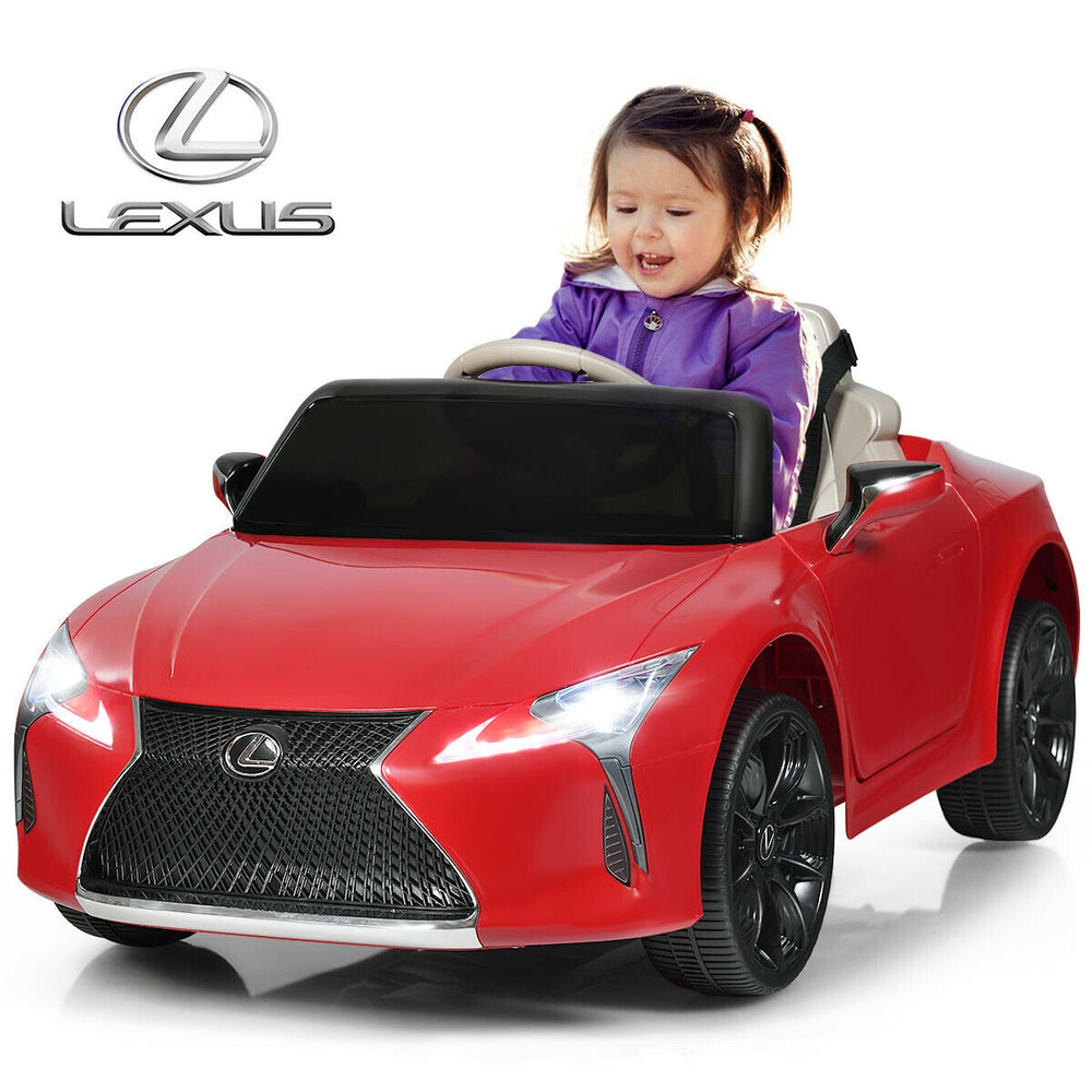 Kids ride-on Lexus LC500 electric vehicle in red, featuring remote control, spring suspension, and LED lights for safe.