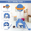 Height adjustable 3-in-1 kids basketball hoop set in blue with soccer and golf features, perfect for indoor and outdoor.