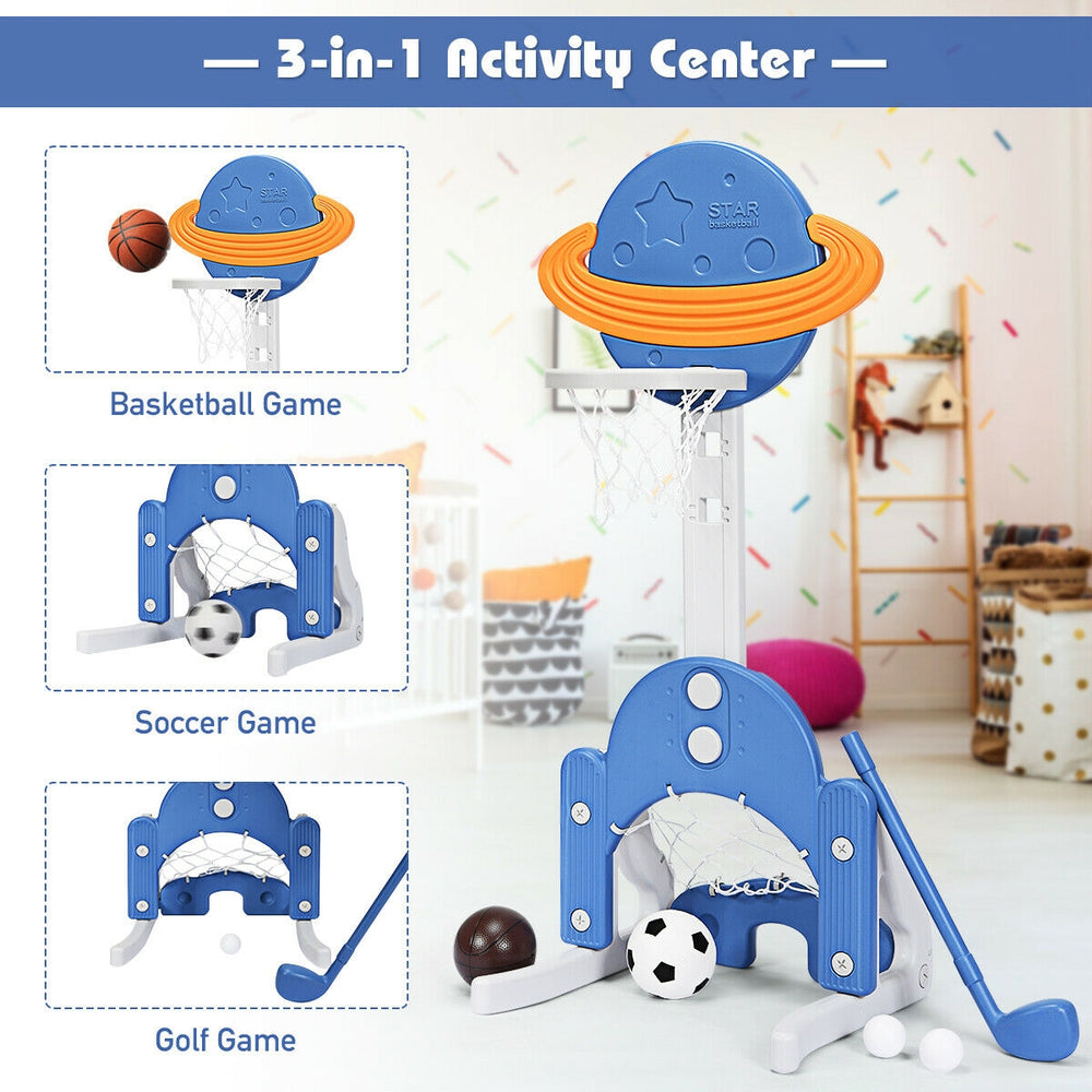 Height adjustable 3-in-1 kids basketball hoop set in blue with soccer and golf features, perfect for indoor and outdoor.