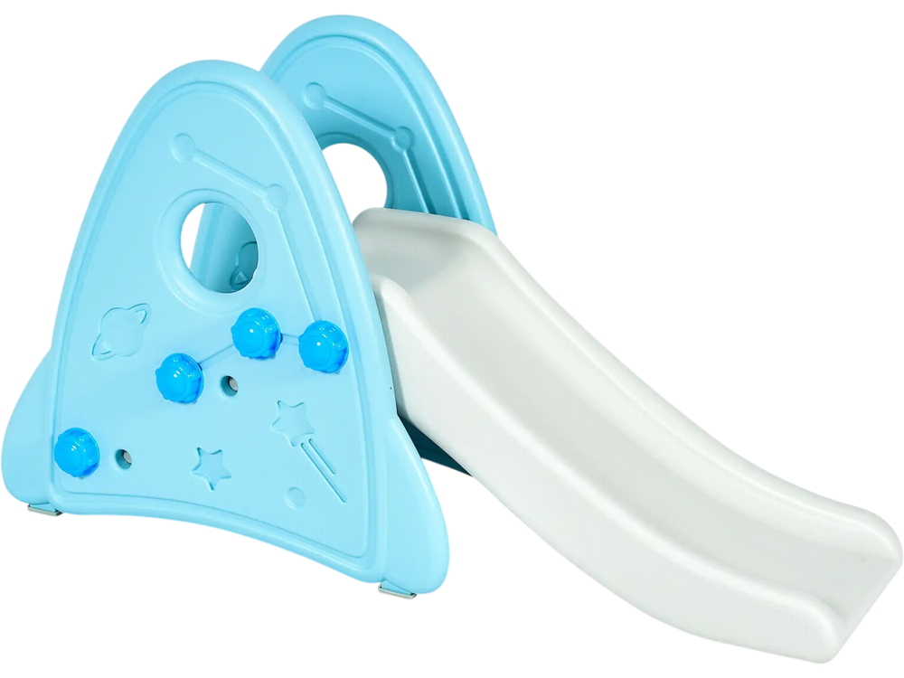 Freestanding blue baby slide with anti-skid steps and triangular design for safe indoor play for boys and girls.