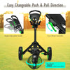 Folding golf push cart with adjustable handle and swivel front wheel, designed for easy maneuverability on the course.
