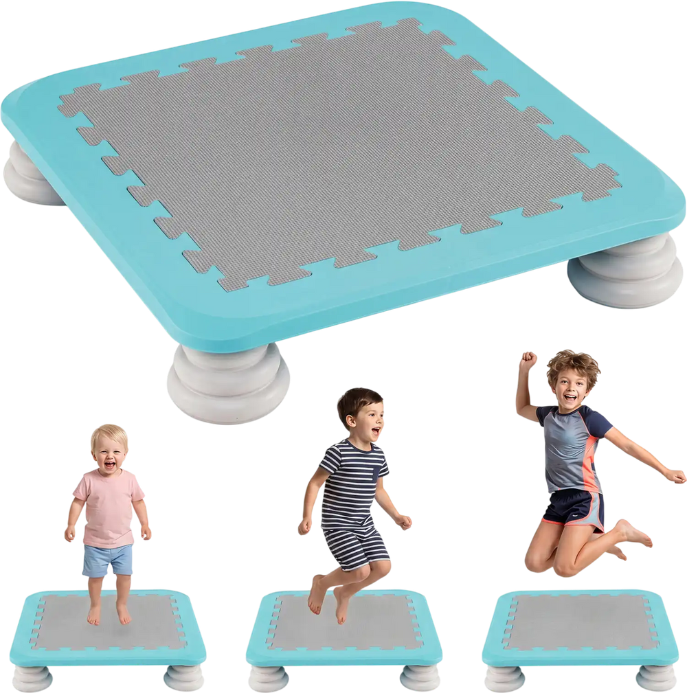 Mini trampoline for kids, 25.5" with non-slip foot pads, ideal for indoor and outdoor sensory balance play.