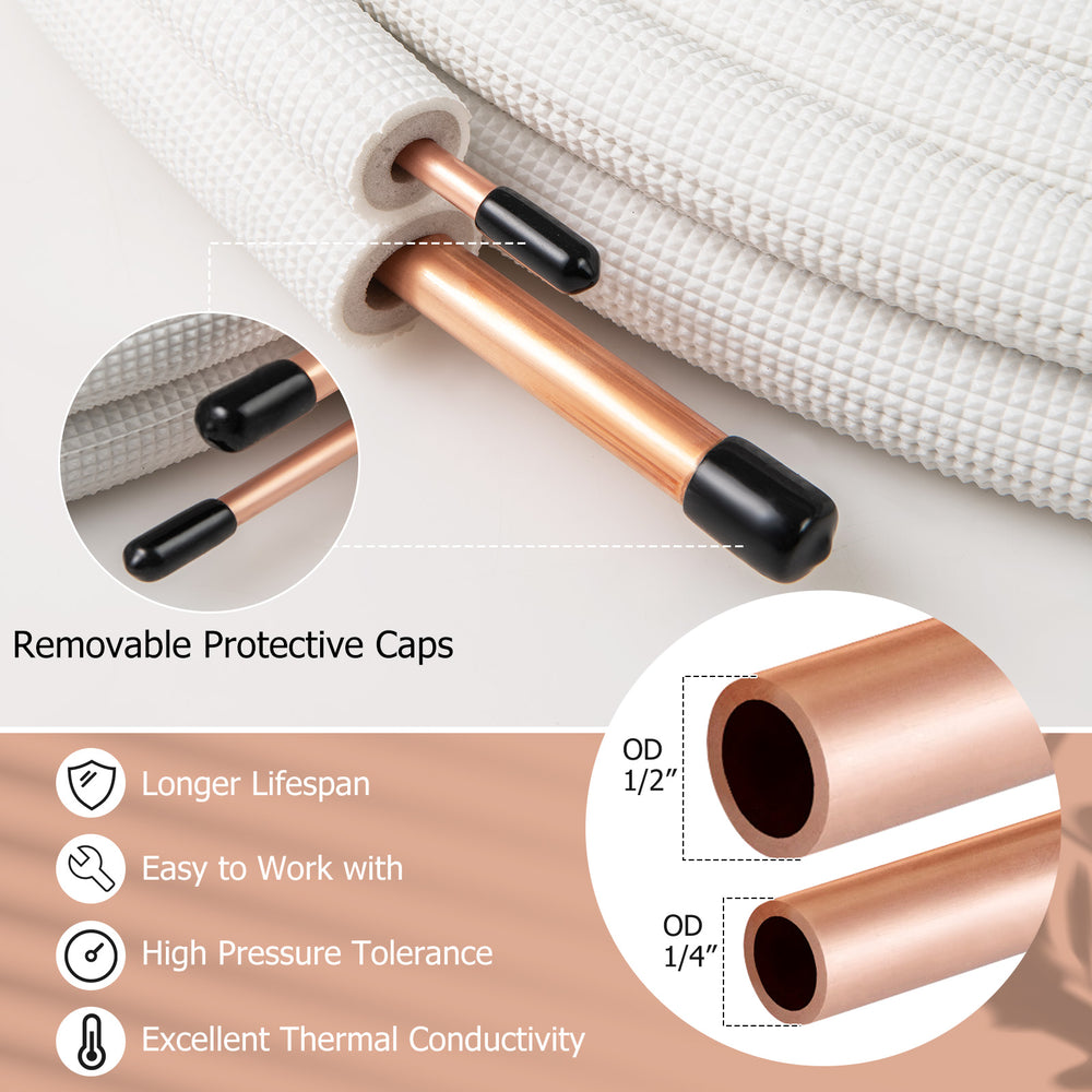 Close-up of 25 feet mini split line set with 1/4" and 1/2" O.D. copper pipes, showcasing removable protective caps and.