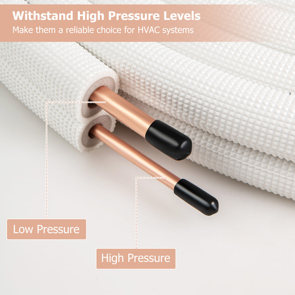 Close-up of 25 feet mini split line set with 1/4" and 3/8" O.D. copper pipes, designed for high pressure HVAC systems.