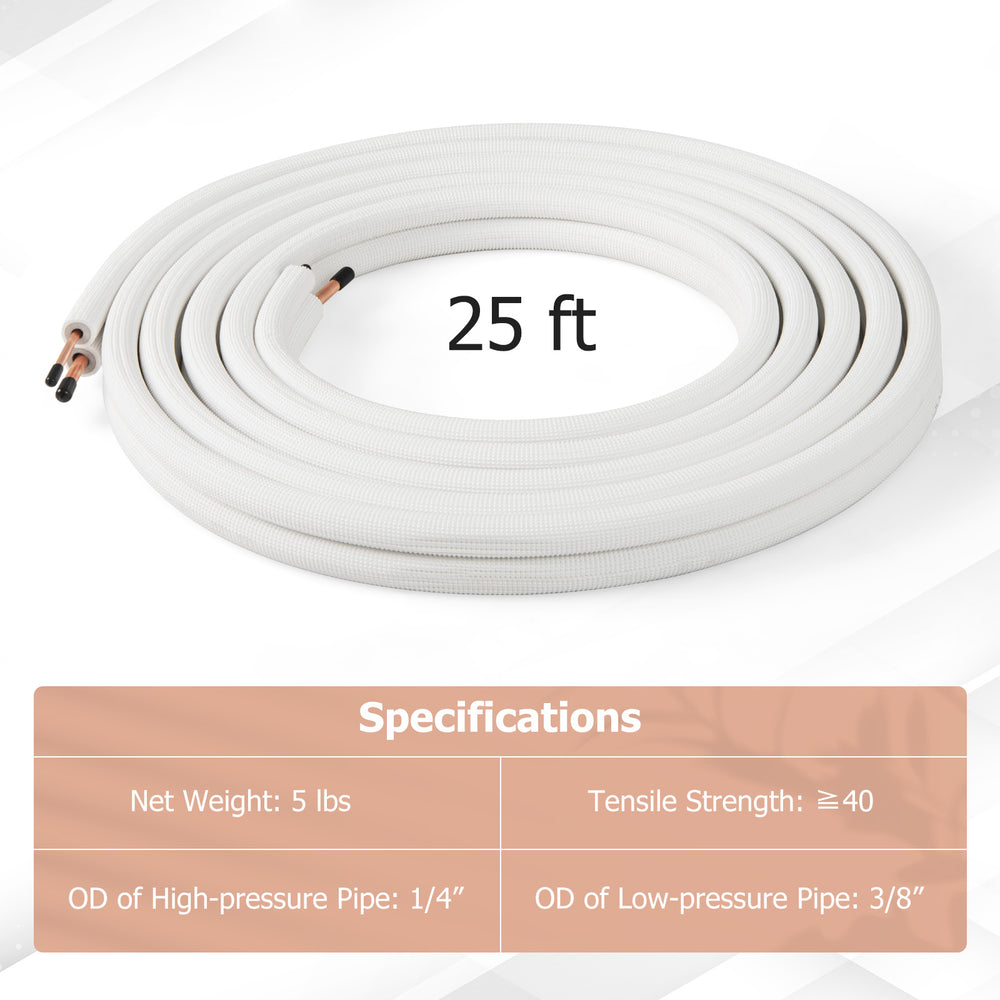 25-foot mini split line set featuring 1/4" and 3/8" O.D. copper pipes, designed for high-pressure insulation and.