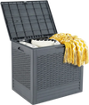 Gray 25-gallon outdoor storage box with rattan patterns, ideal for organizing blankets and patio accessories.