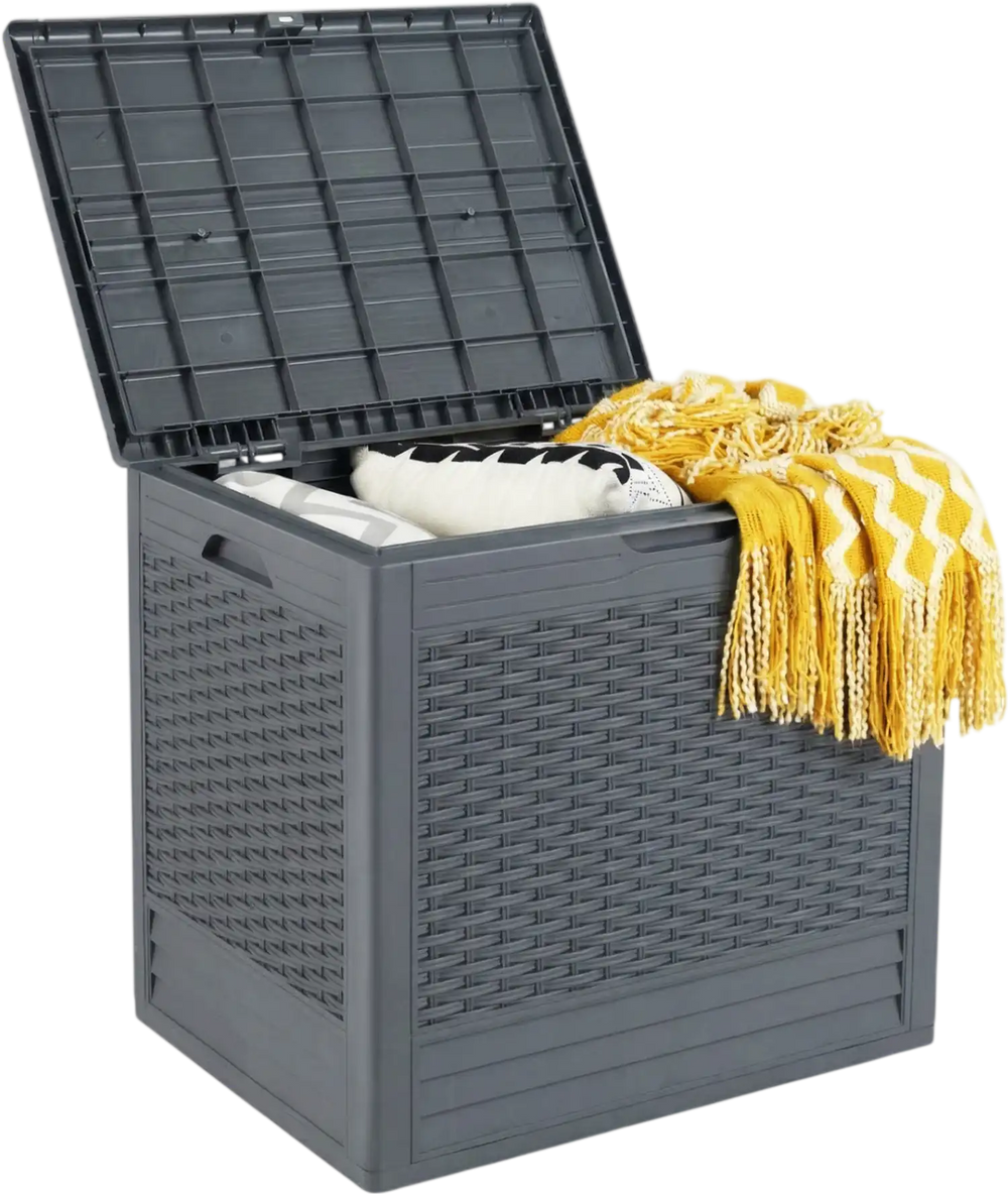 Gray 25-gallon outdoor storage box with rattan patterns, ideal for organizing blankets and patio accessories.