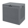 Gray 25-gallon outdoor storage box featuring rattan patterns, ideal for organizing patio essentials.