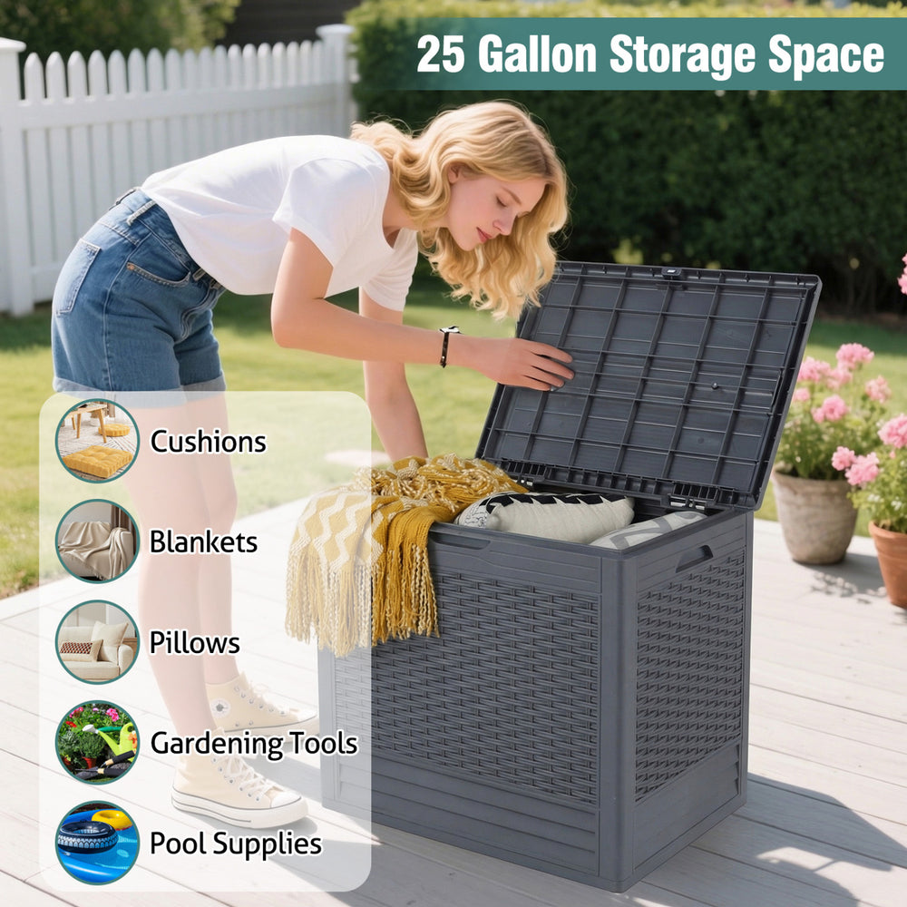 Gray 25-gallon outdoor storage box with rattan patterns, ideal for cushions, blankets, and pool supplies.