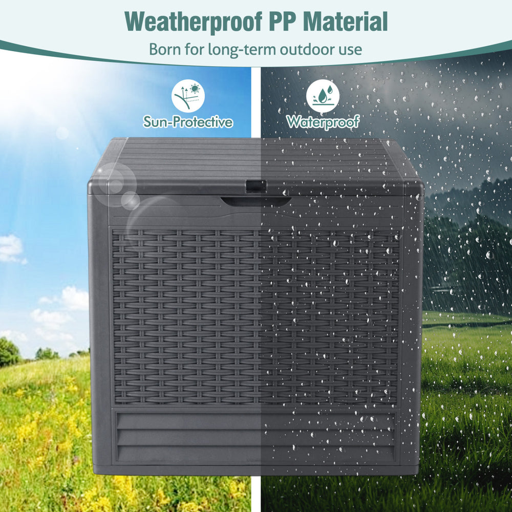 Gray 25-gallon outdoor storage box with rattan patterns, made of weatherproof PP material for long-term use.