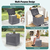Gray 25-gallon outdoor storage box with rattan patterns, ideal for patio side table or extra seating.