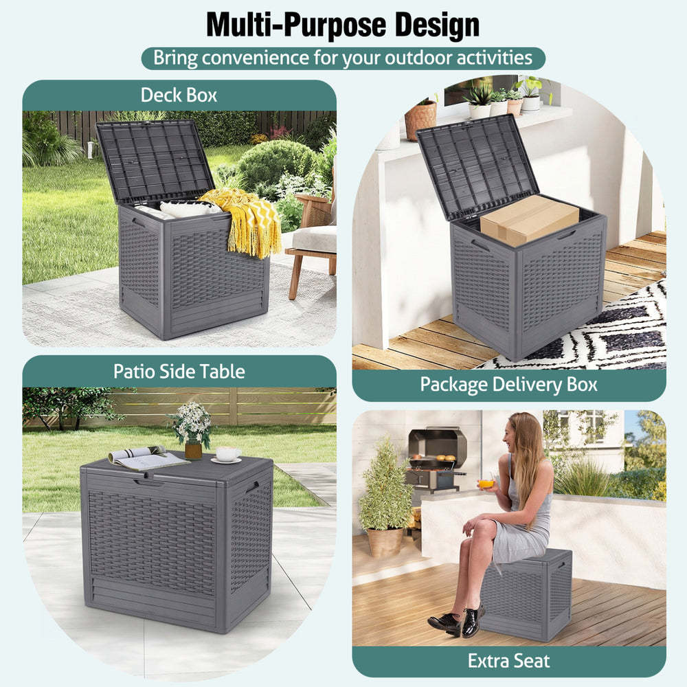 Gray 25-gallon outdoor storage box with rattan patterns, ideal for patio side table or extra seating.