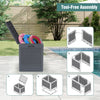 Gray 25-gallon outdoor storage box with rattan patterns, shown with tool-free assembly instructions by a poolside.