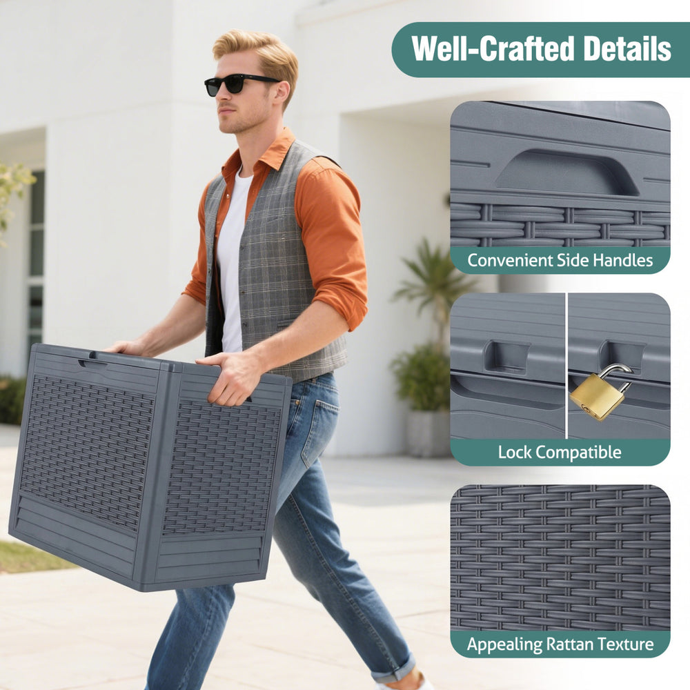 Gray 25-gallon outdoor storage box featuring rattan patterns, convenient side handles, and lock compatibility.