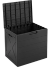 Black 25-gallon storage bin with lid, carry handles, and lock hole, ideal for outdoor furniture accessories.