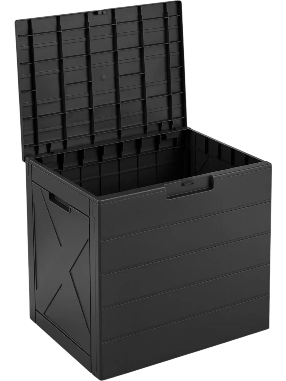 Black 25-gallon storage bin with lid, carry handles, and lock hole, ideal for outdoor furniture accessories.