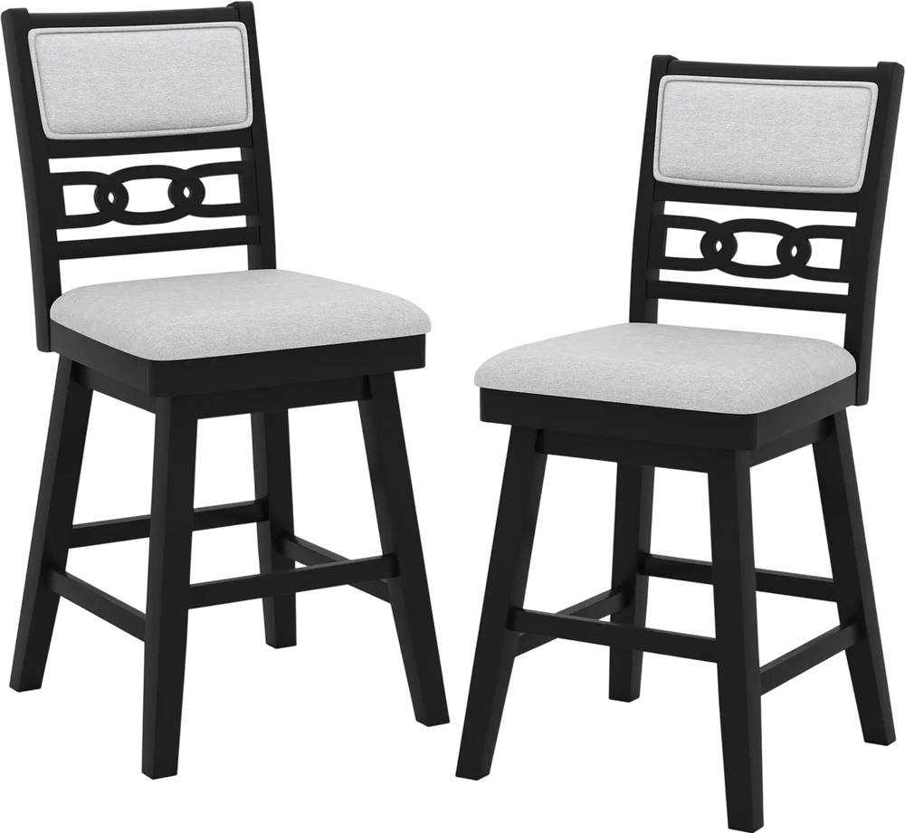 Set of 2 black 25-inch bar stools with upholstered backrest and 360° swivel seat, ideal for kitchen islands and cafes.