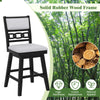 25-inch bar stool with upholstered backrest, solid rubber wood frame, and 360° rotation, ideal for kitchen islands.