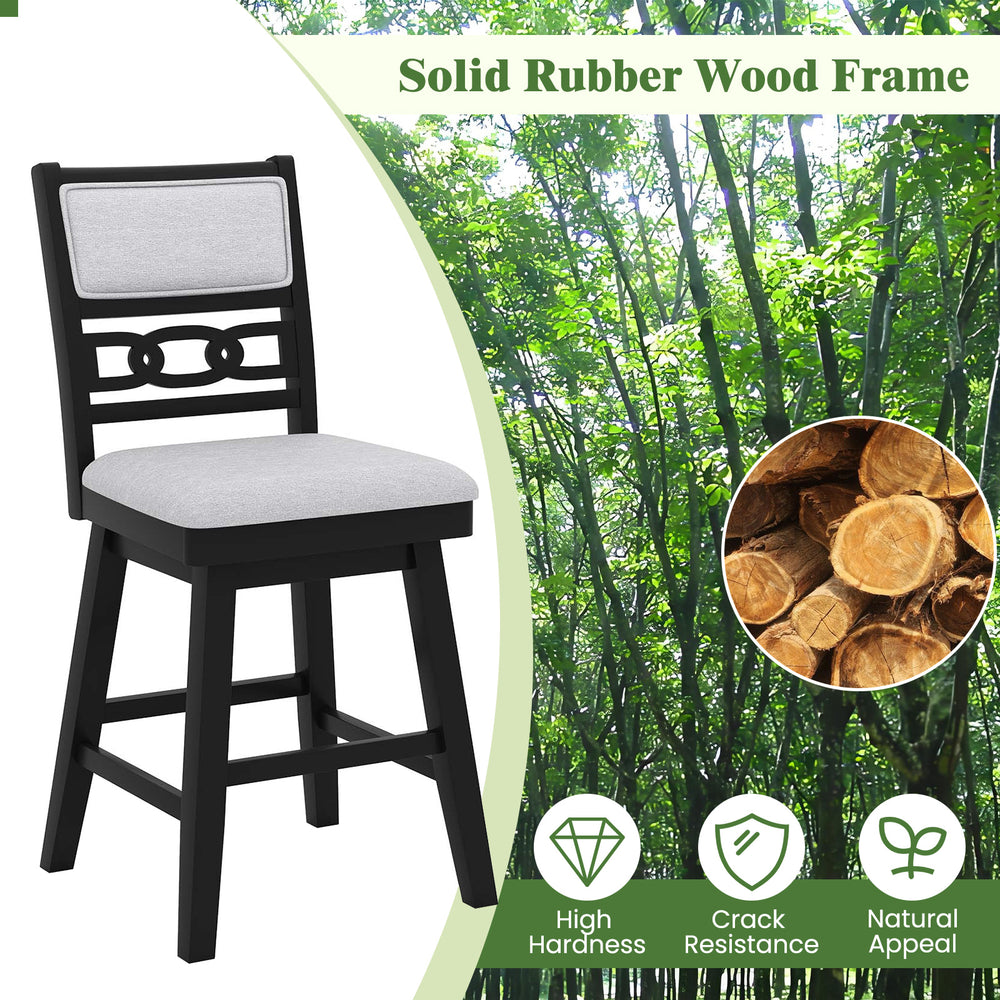 25-inch bar stool with upholstered backrest, solid rubber wood frame, and 360° rotation, ideal for kitchen islands.